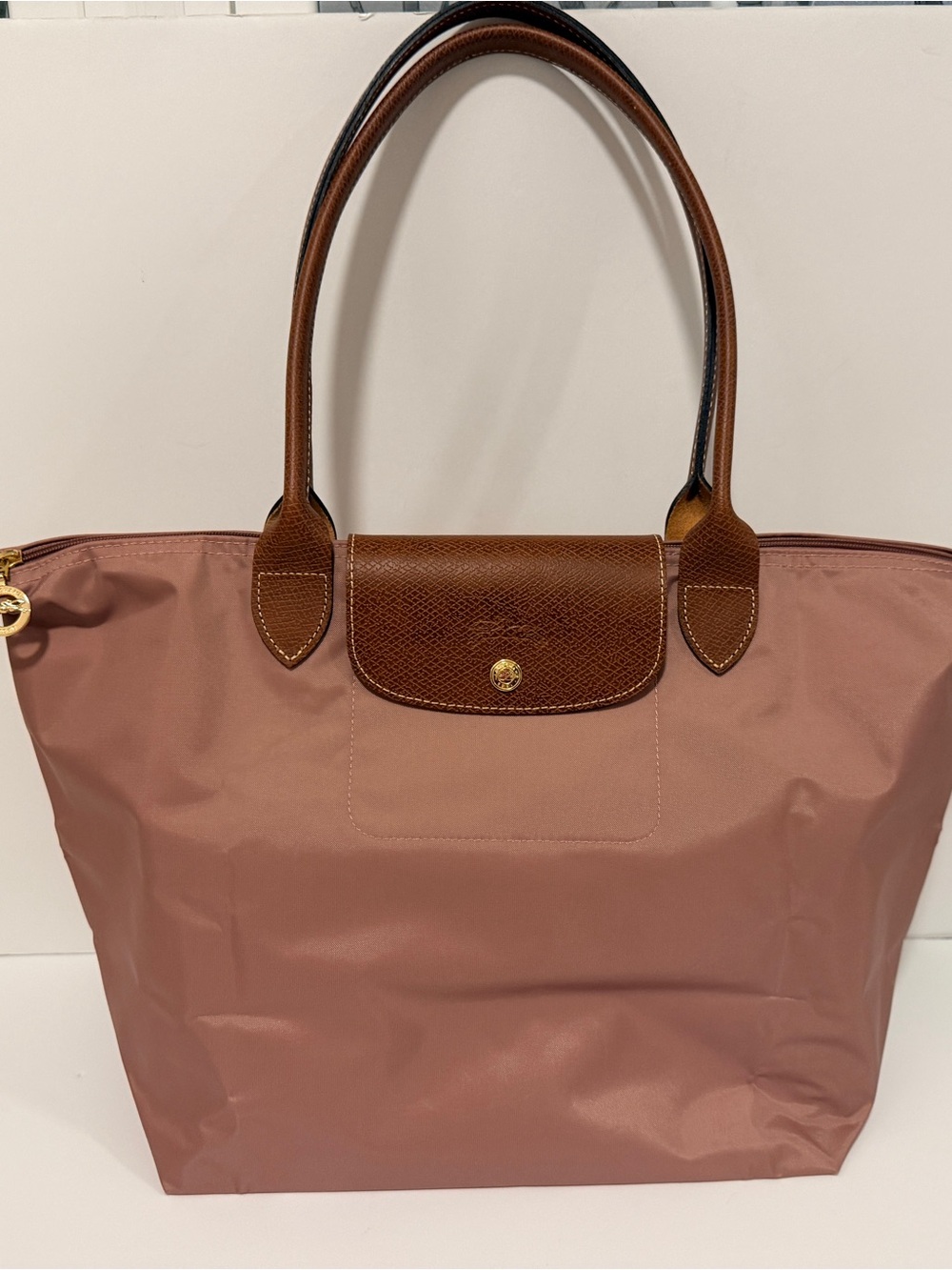 Longchamp Dusty Pink Nylon Tote with Brown Leather Trim